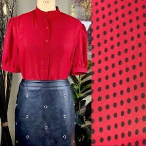 VINTAGE Givenchy Sheer Red Black Polka Dot Top Puff Sleeve Shoulder Blouse Shirt